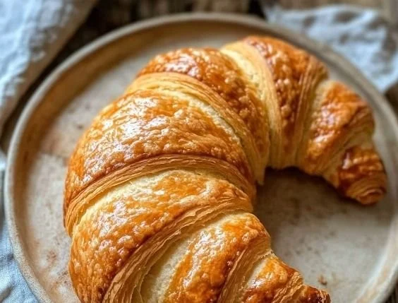 Homemade French croissants fresh out of the oven, perfectly golden and flaky.