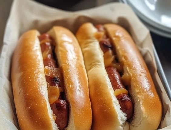 Freshly baked homemade hot dog buns on a wooden table
