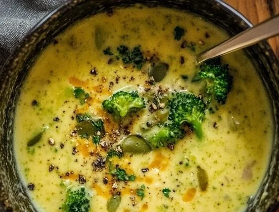 Bowl of homemade Panera-style broccoli cheddar soup topped with cheddar cheese.