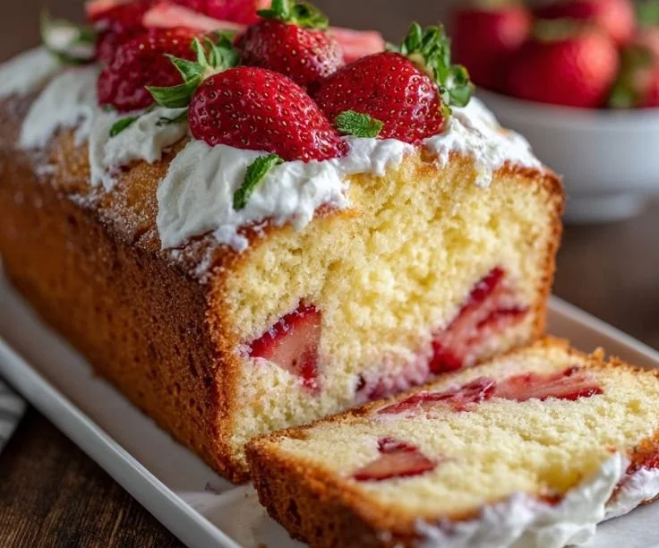 Delicious homemade strawberry cream cheese pound cake topped with fresh strawberries.
