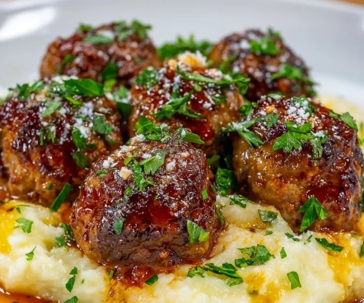 Homestyle meatloaf meatballs paired with garlic mashed potatoes on a plate.