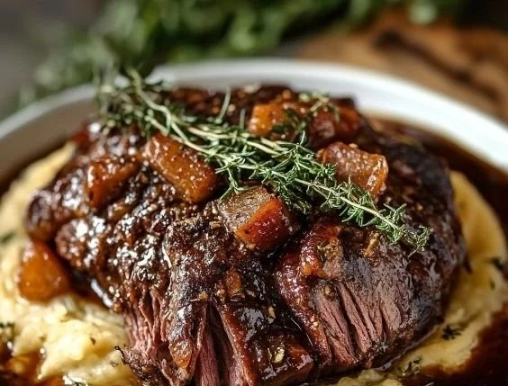 Honey-balsamic chuck roast served with vegetables