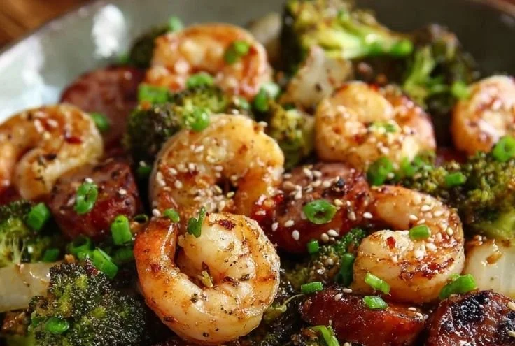 Honey Garlic Shrimp and Sausage served with Broccoli on a plate