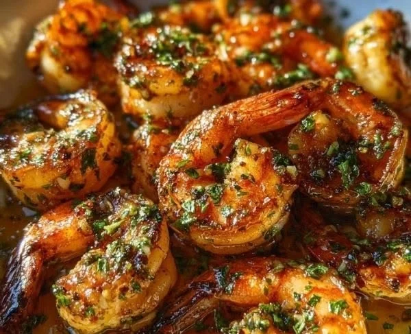 Delicious plate of honey garlic shrimp garnished with green onions