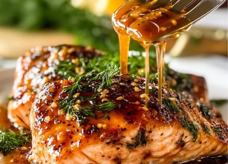 Delicious honey glazed salmon fillet on a plate with vibrant vegetables