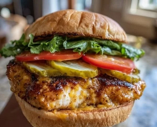 Honey Mustard Chicken Sandwich with fresh ingredients on a rustic wooden background.
