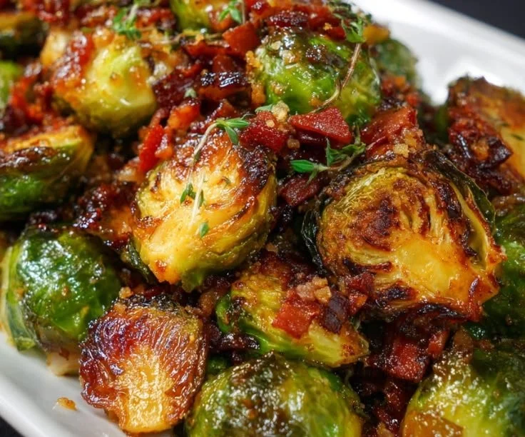 Hot Honey Brussels Sprouts with Bacon served on a plate, showcasing crispy texture.
