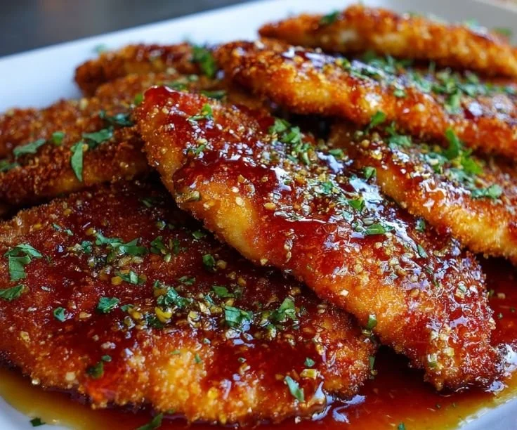 Hot honey chicken cutlets, crispy and juicy, drizzled with sweet and spicy honey
