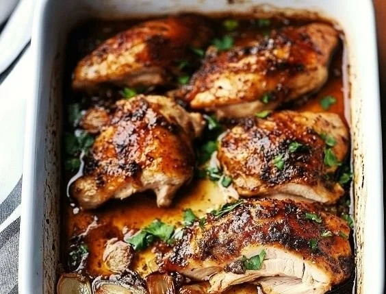 Baked boneless chicken breast served with vegetables on a plate.