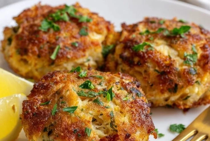 Golden brown baked crab cakes served on a plate with garnish.