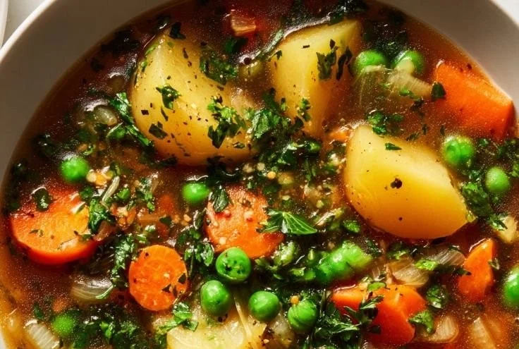 Bowl of colorful Irish vegetarian stew with fresh vegetables and herbs