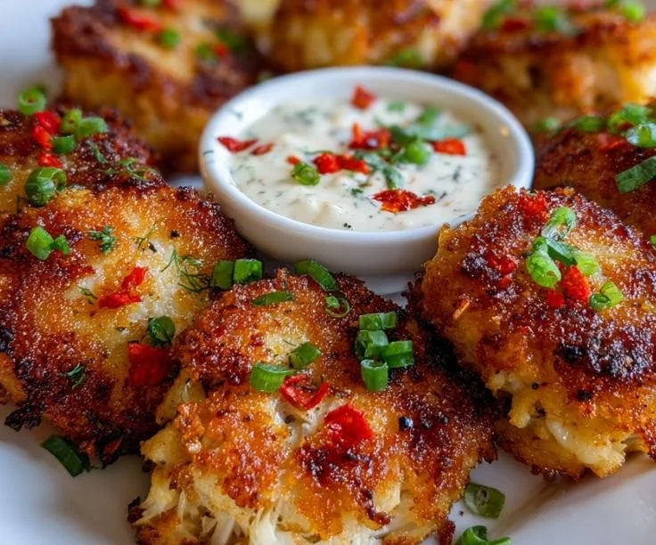 Golden and crispy crab cakes ready to serve, showcasing delicious flavors.