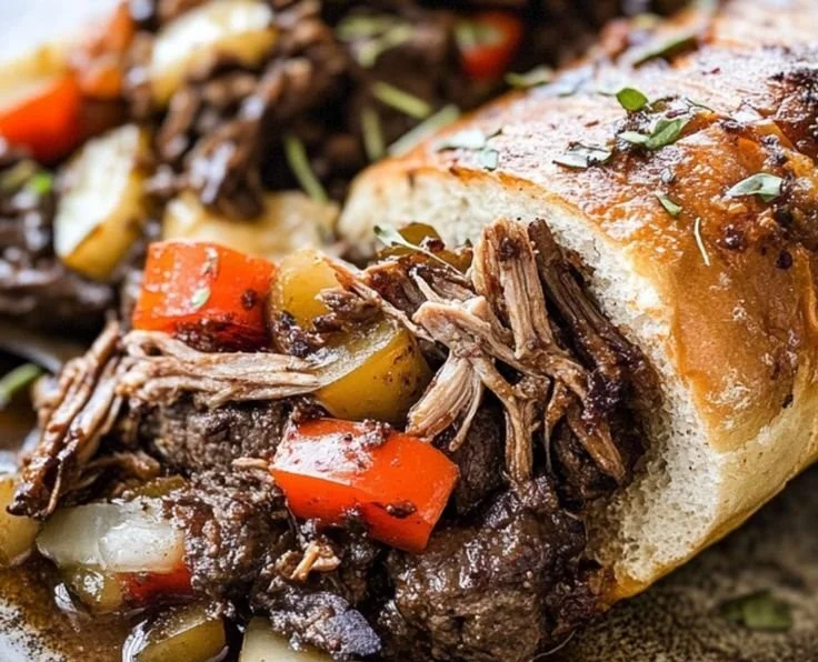 Delicious Italian Beef sandwich served with tangy giardiniera and herbs.