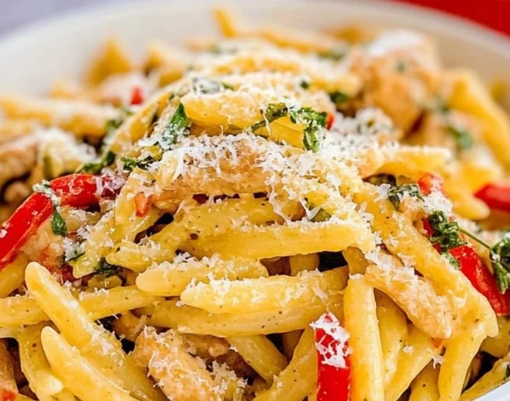 Plate of Jamaican Rasta Pasta with colorful vegetables and spices