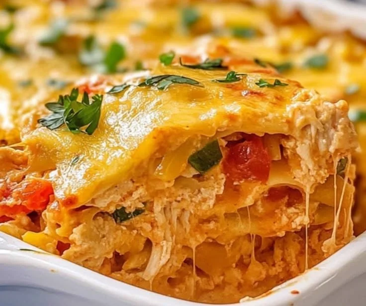 Delicious King Ranch Chicken Casserole topped with cheese and spices.