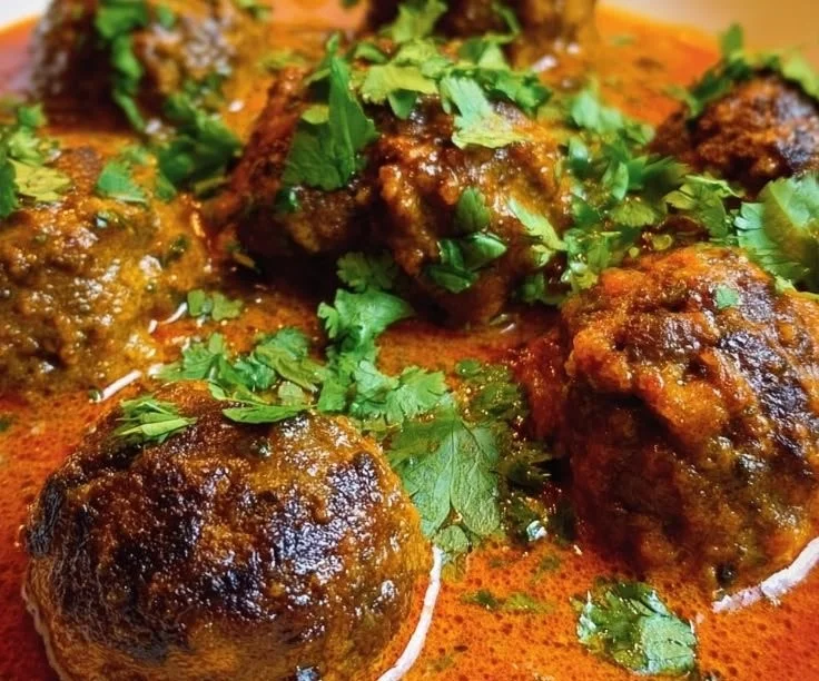 Delicious Kofta Curry Beef Meatballs served in a bowl with fresh herbs
