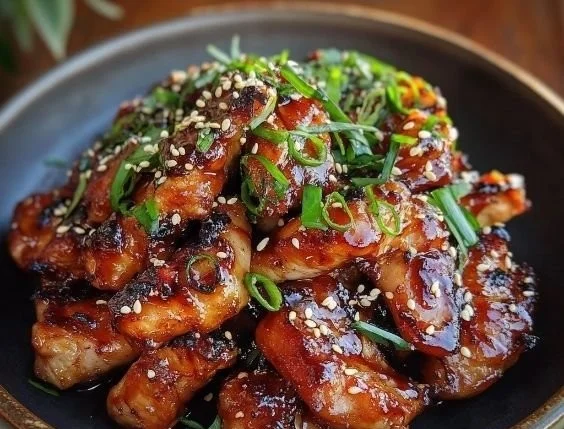 Plate of grilled Korean BBQ chicken garnished with sesame seeds and green onions