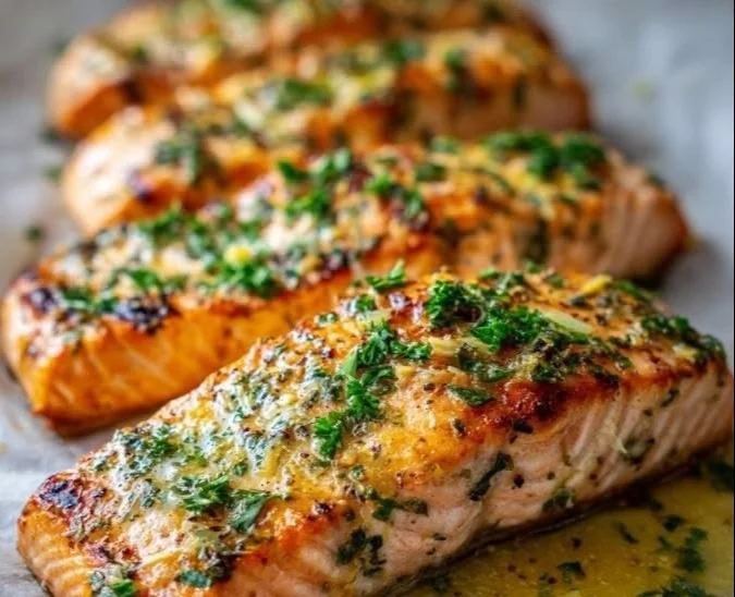 Lemon butter salmon fillet garnished with herbs and lemon slices on a plate