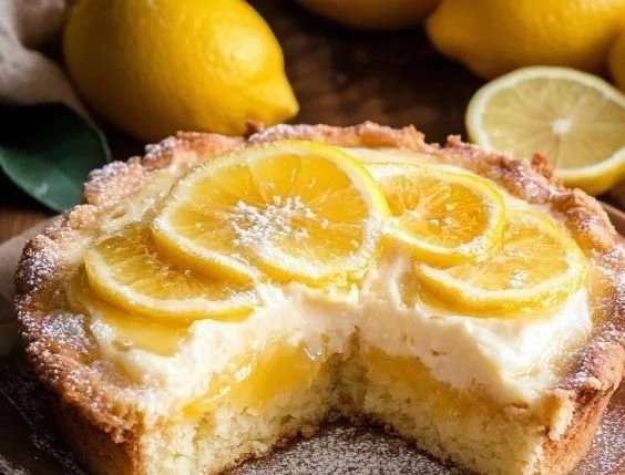 Zesty lemon curd cake with creamy frosting and lemon slices on top