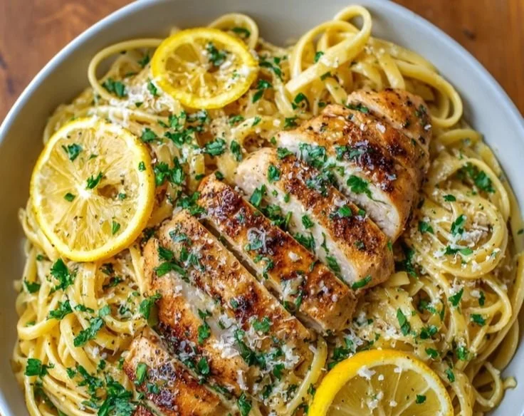 Lemon Garlic Butter Chicken served with linguine pasta
