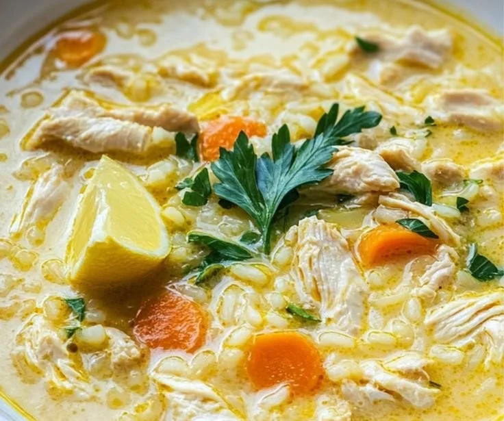 Lemon Ginger Turmeric Chicken and Rice Soup in a bowl with fresh herbs
