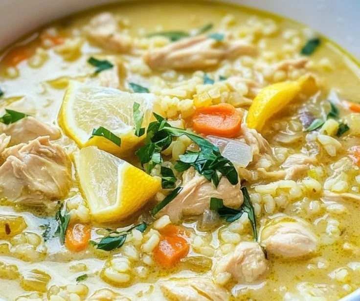 Lemon ginger turmeric chicken rice soup in a bowl garnished with herbs.