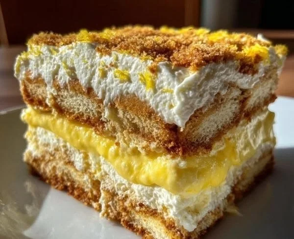 Delicious Lemon Tiramisu dessert with layers of lemon cream and coffee-soaked ladyfingers