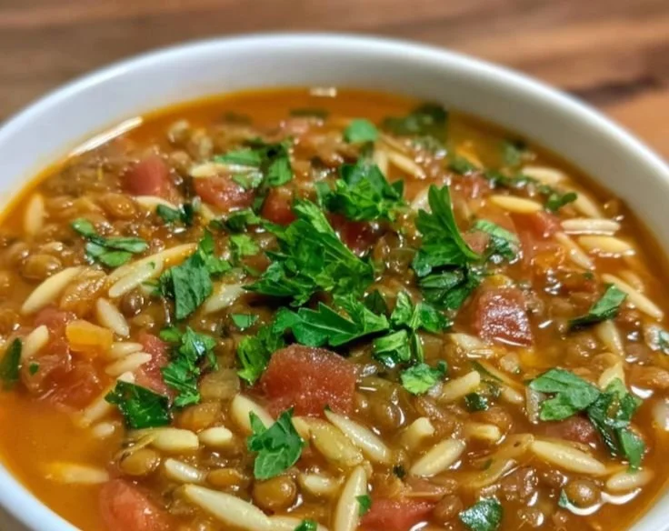 Bowl of delicious homemade Lentil Orzo Soup topped with fresh herbs