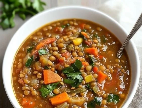 Bowl of hearty lentil soup with ingredients and fresh herbs