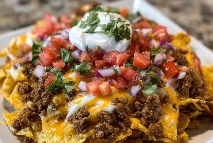 Delicious plate of loaded nachos topped with cheese, jalapenos, and guacamole