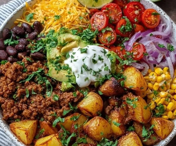 Loaded potato taco bowl topped with fresh ingredients and cheese
