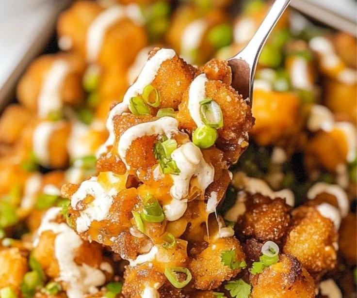 Plate of loaded tater tots with cheese and bacon