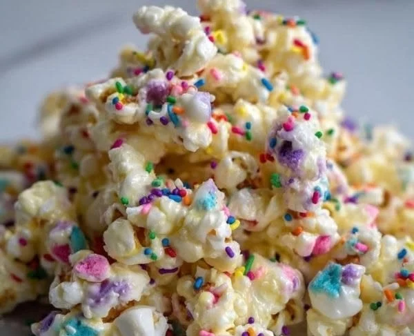 Colorful magical unicorn popcorn with marshmallows in a bowl