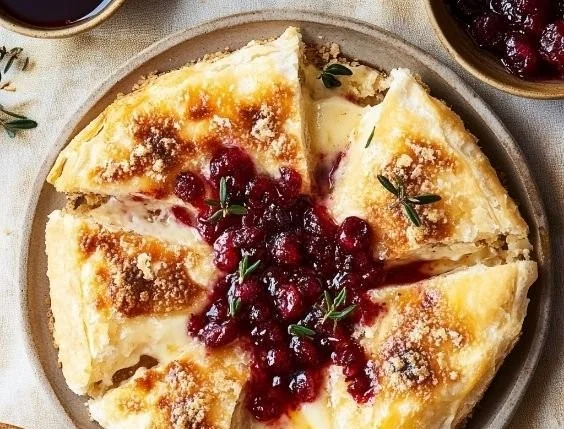 Maple-Cranberry Baked Brie topped with cranberries and maple syrup