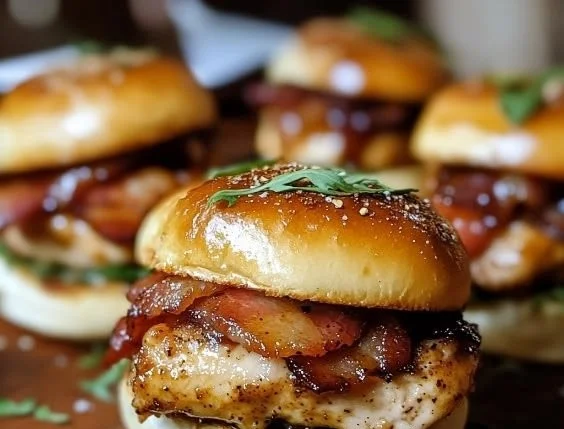 Delicious maple-glazed chicken bacon sliders served with fresh toppings
