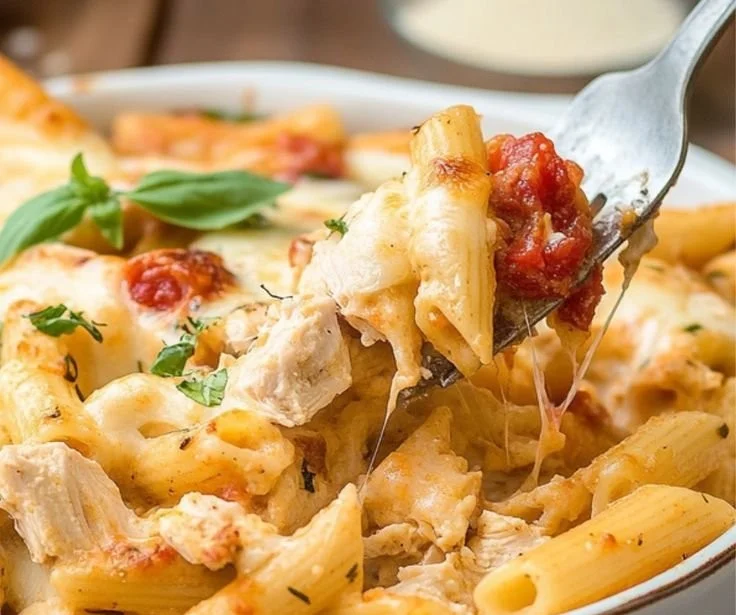 Delicious Marry Me Chicken Pasta Casserole in a serving dish, ready to enjoy.