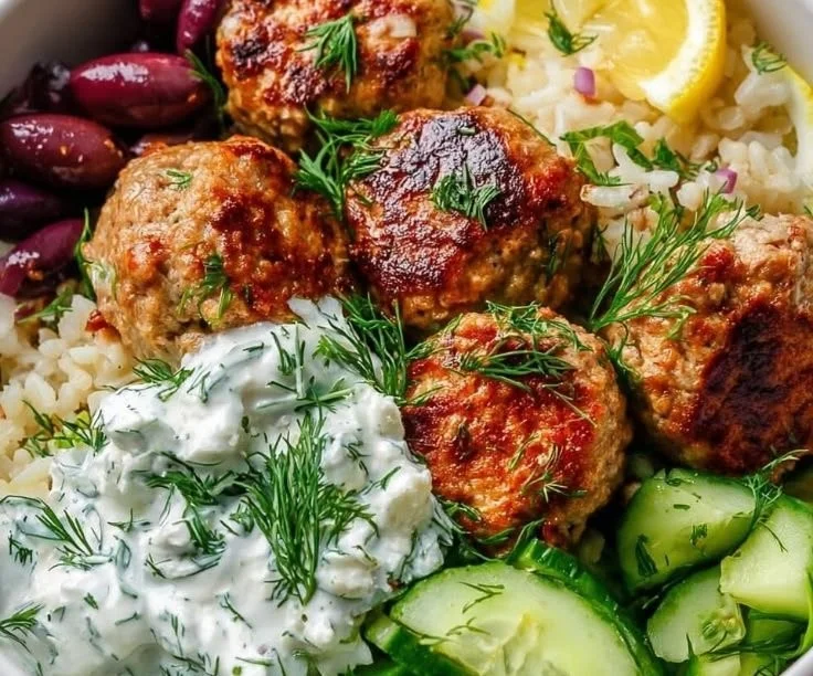 Mediterranean Bowl featuring Turkey Meatballs with fresh vegetables and grains.