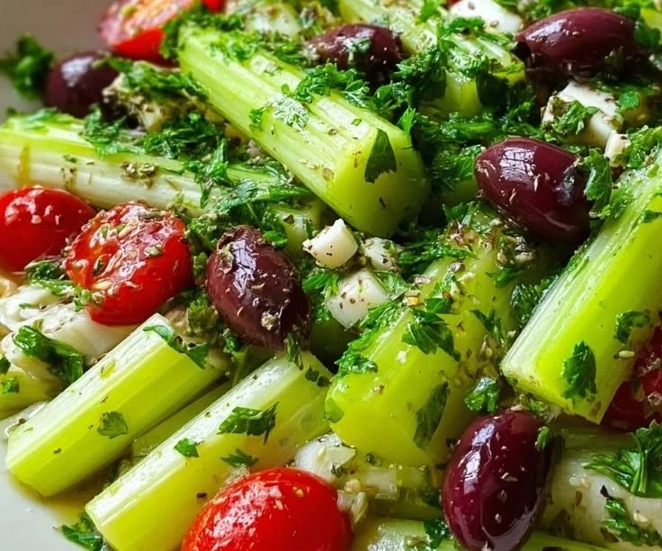 Mediterranean celery salad with fresh vegetables and herbs