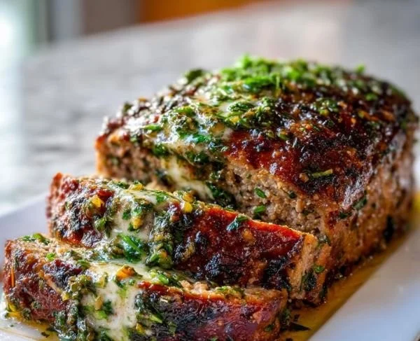 Mediterranean Meatloaf served in a flavorful garlic-herb sauce