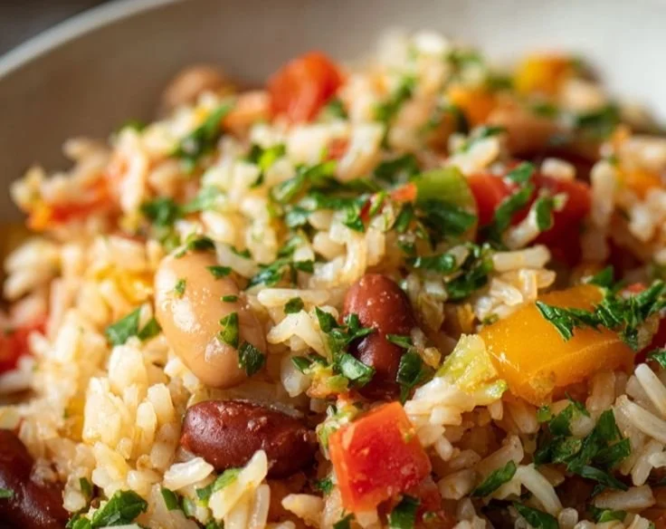 A vibrant bowl of Mediterranean Rice and Beans with fresh herbs and spices.