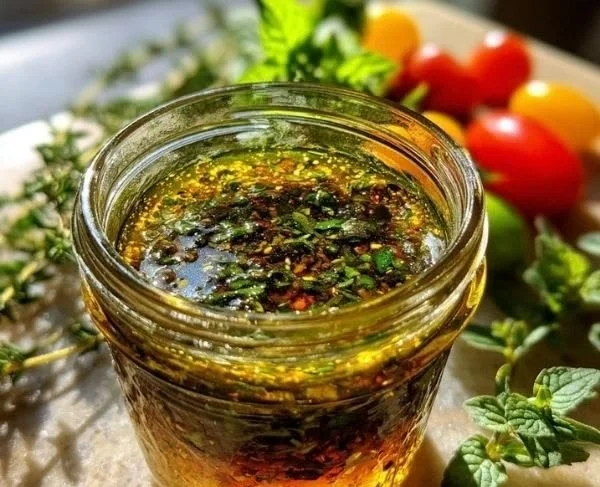 Mediterranean Salad Dressing in a glass bowl with fresh ingredients around
