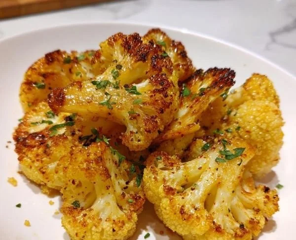 Mediterranean style marinated cauliflower dish garnished with herbs