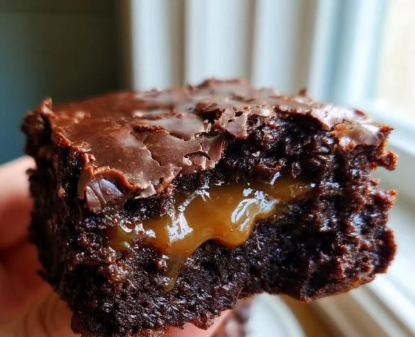 Delicious millionaire-style brownies topped with chocolate and caramel layers.