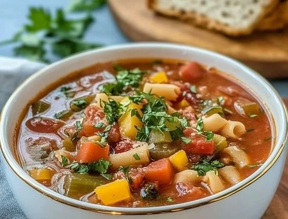 A bowl of delicious minestrone soup filled with vegetables and beans