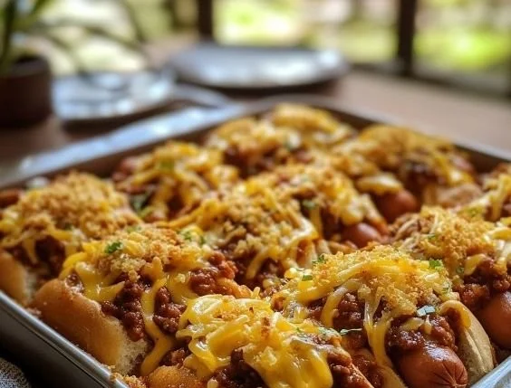 Mini chili cheese dog sliders served on a platter