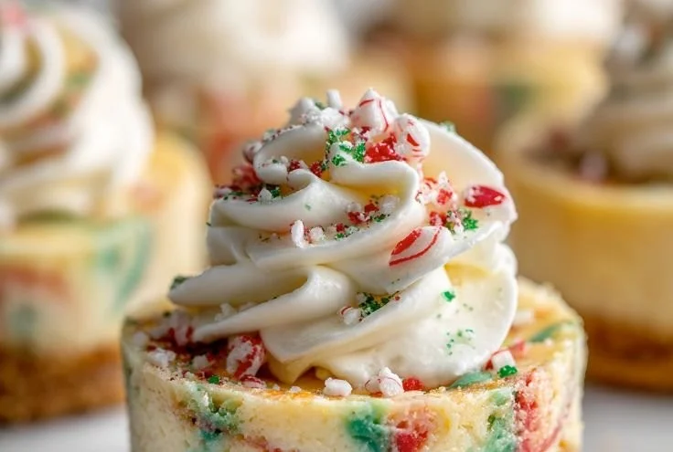 Delicious no-bake Christmas mini cheesecakes topped with festive decorations