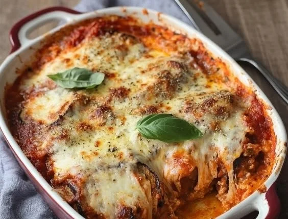 A serving of modern Eggplant Parmesan, layered with cheese and marinara sauce.