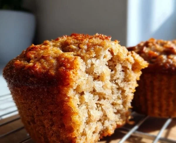 Freshly baked moist applesauce oatmeal muffins on a wooden table