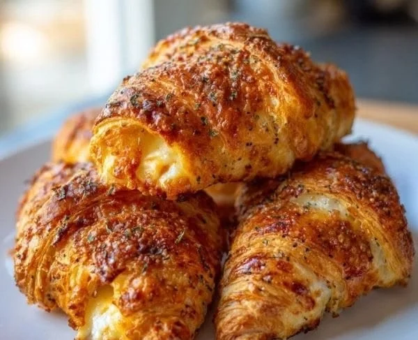 Delicious mozzarella croissant rolls served on a wooden platter.