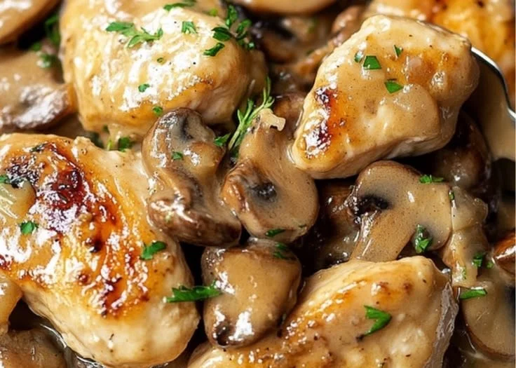 Plate of Mushroom Chicken with sautéed mushrooms and herbs on top.